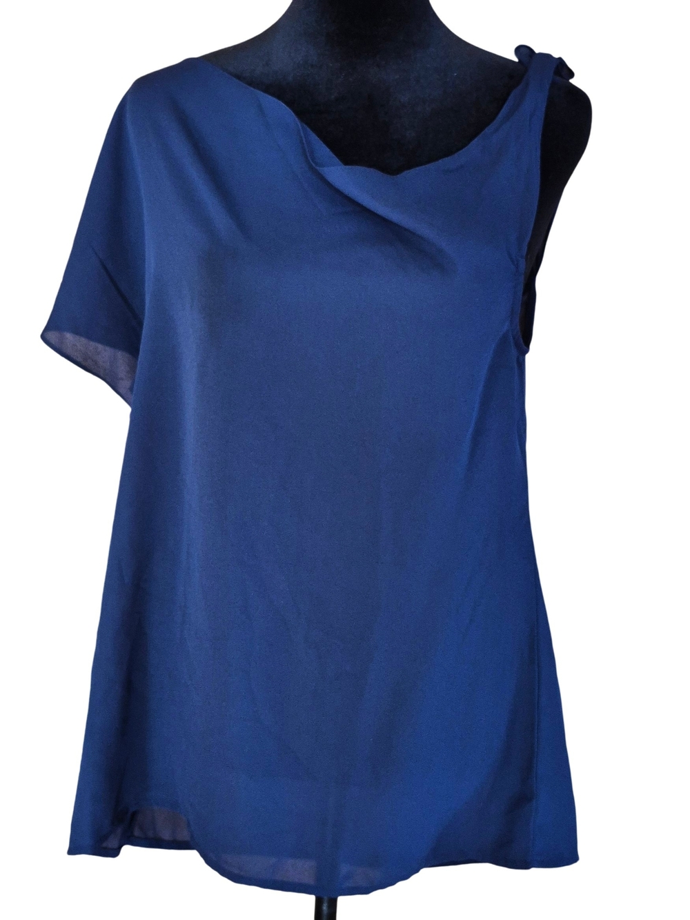 New York & Company Navy Blue One-Shoulder Draped Blouse